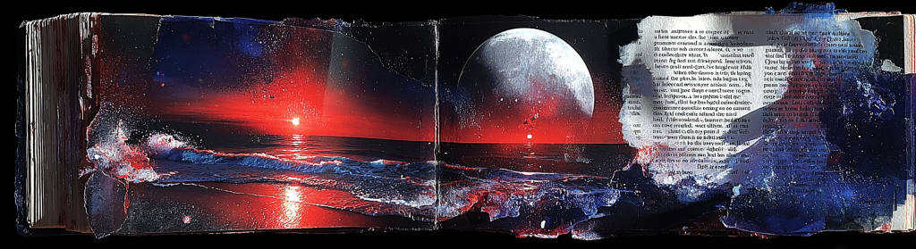 A moon kept as evidence. An archival page holding a small, pale moon photograph, slightly misaligned, taped by hand. Paper creases, glue marks, faint stains. A second moon appears like a memory error. Intimate, fragile, unfinished.